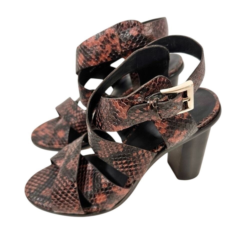 Joie Brown Black Snakeskin Embossed Leather Block Heel Strappy Sandals Size 36.5